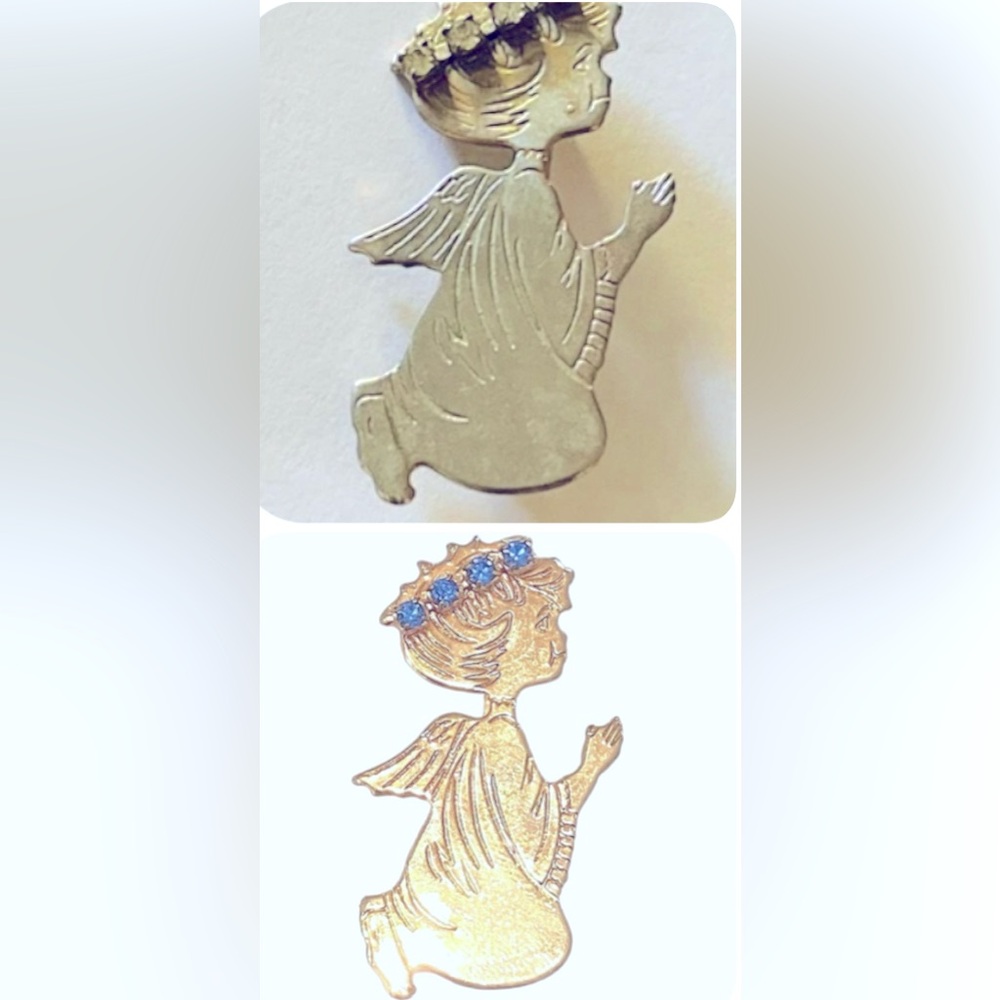 2 XMAS Pins: Vintage kneeling, praying angels, pronged crystal halos blue, white